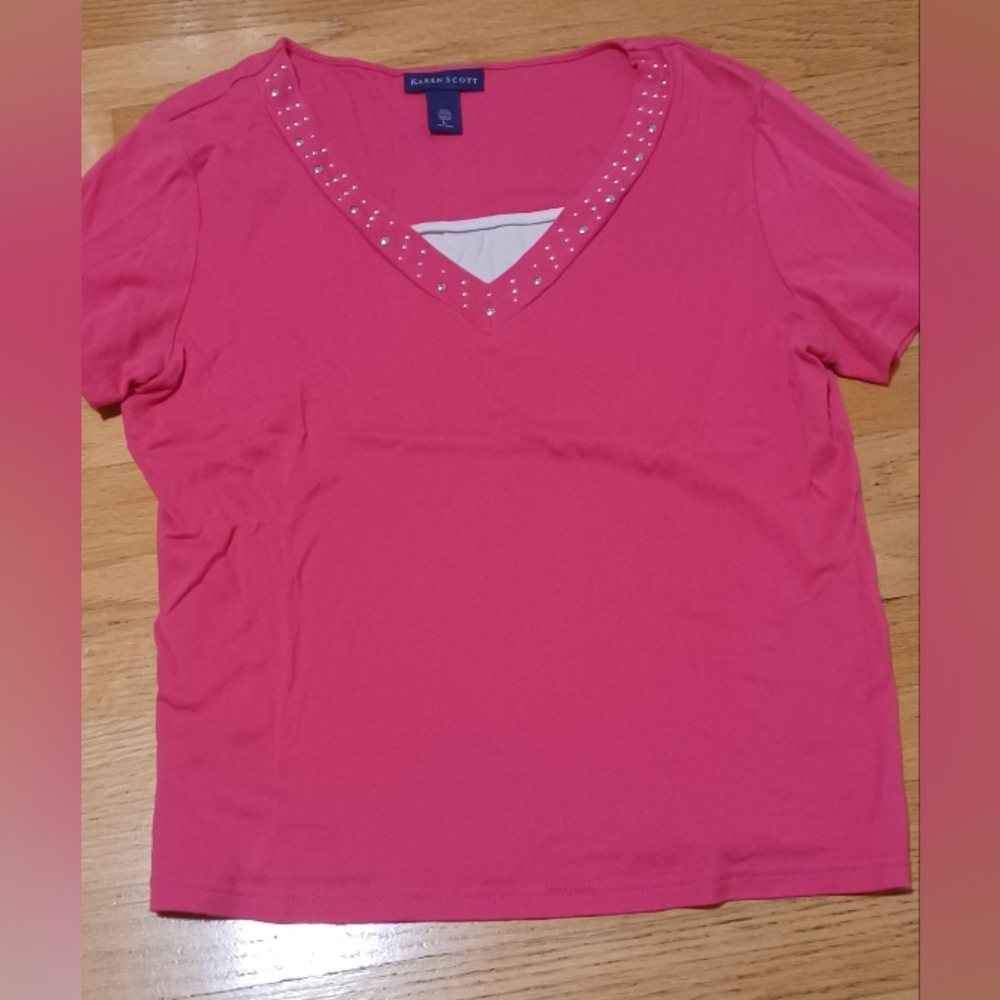 Karen Scott Fuchsia V-Neck Top with Sparkling Accents